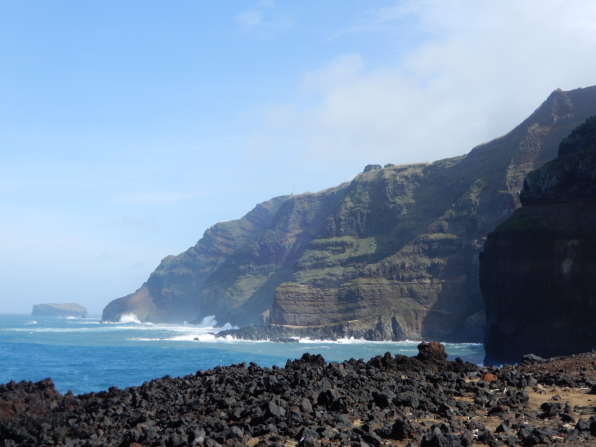 The lava shore at Ponta da Ferraria on São Miguel, with the cliffs of the west coast running north